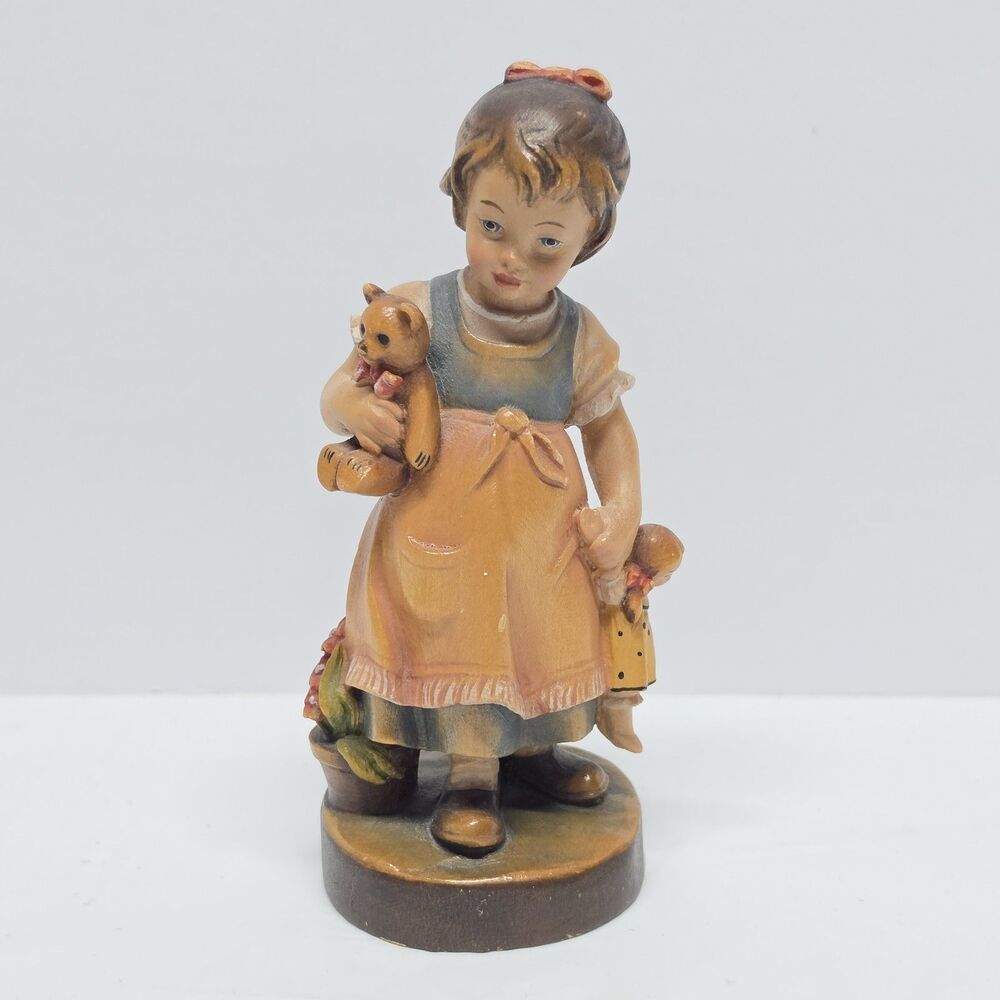 Vintage Dolfi Hand Carved Wood Figurine Girl With Teddy & Doll Lisi Martin Italy